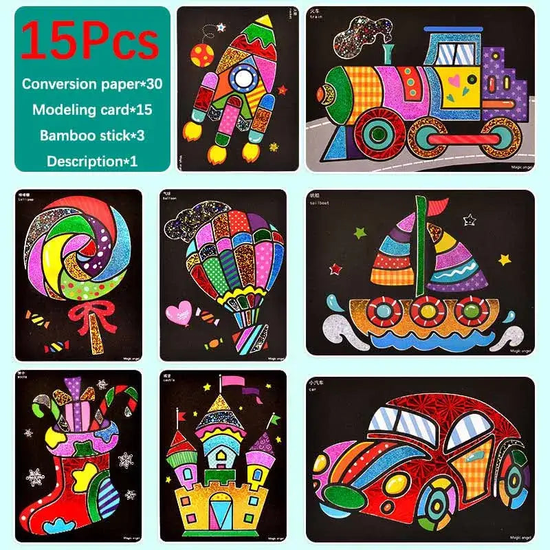 Jeu éducatif autocollant paillettes avec découpes colorées et glitter pour améliorer la coordination œil-main
