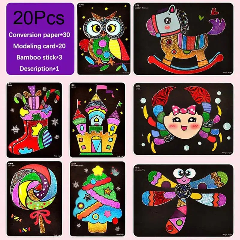 Set de 20 kits de jeu éducatif autocollant paillettes colorés avec coordination œil-main et dessins fantaisistes sur cartes noires