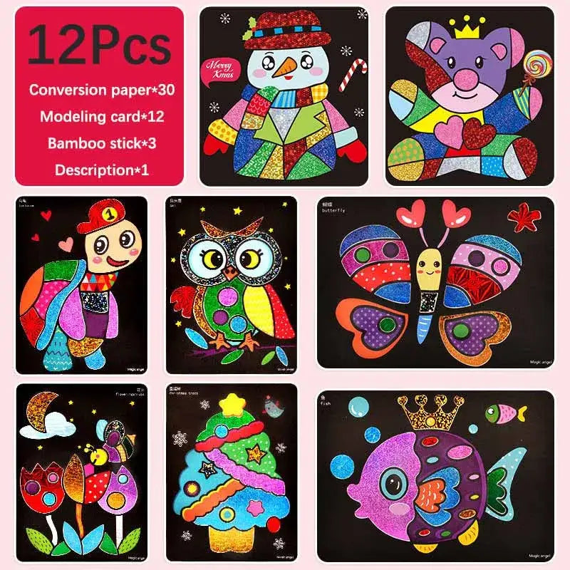 Jeu éducatif autocollant paillettes avec personnages festifs colorés en papier pailleté pour coordination œil-main
