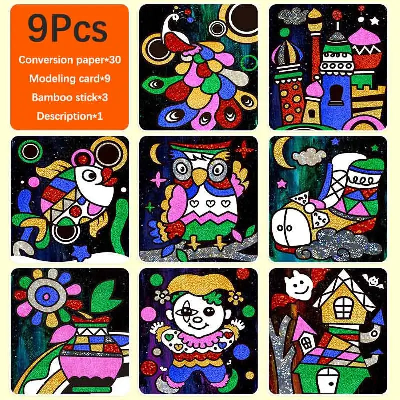 Jeux éducatif autocollant paillettes avec neuf motifs abstraits colorés en kits dart pour la coordination œil-main