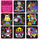 Jeu éducatif autocollant paillettes comprenant 15 kits de sable coloré avec designs scintillants sur cartes noires favorisant la coordination œil-main