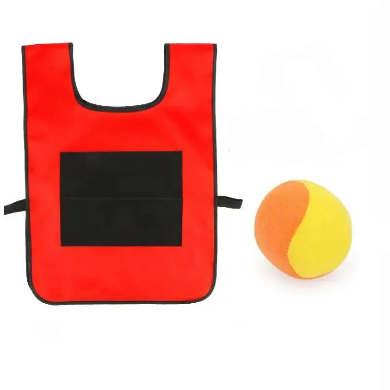 Gilet à scratch rouge vif avec poche centrale et balle de tennis extérieure chat balle orange et jaune