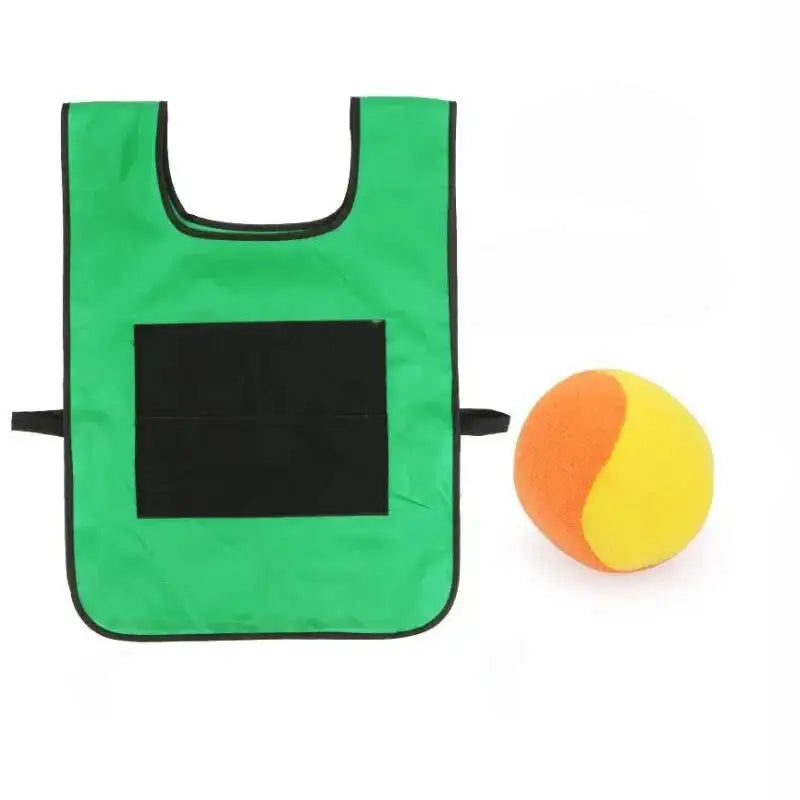 Gilet à scratch vert avec poche centrale et balle extérieur chat balle orange et jaune pour jeu extérieur chat