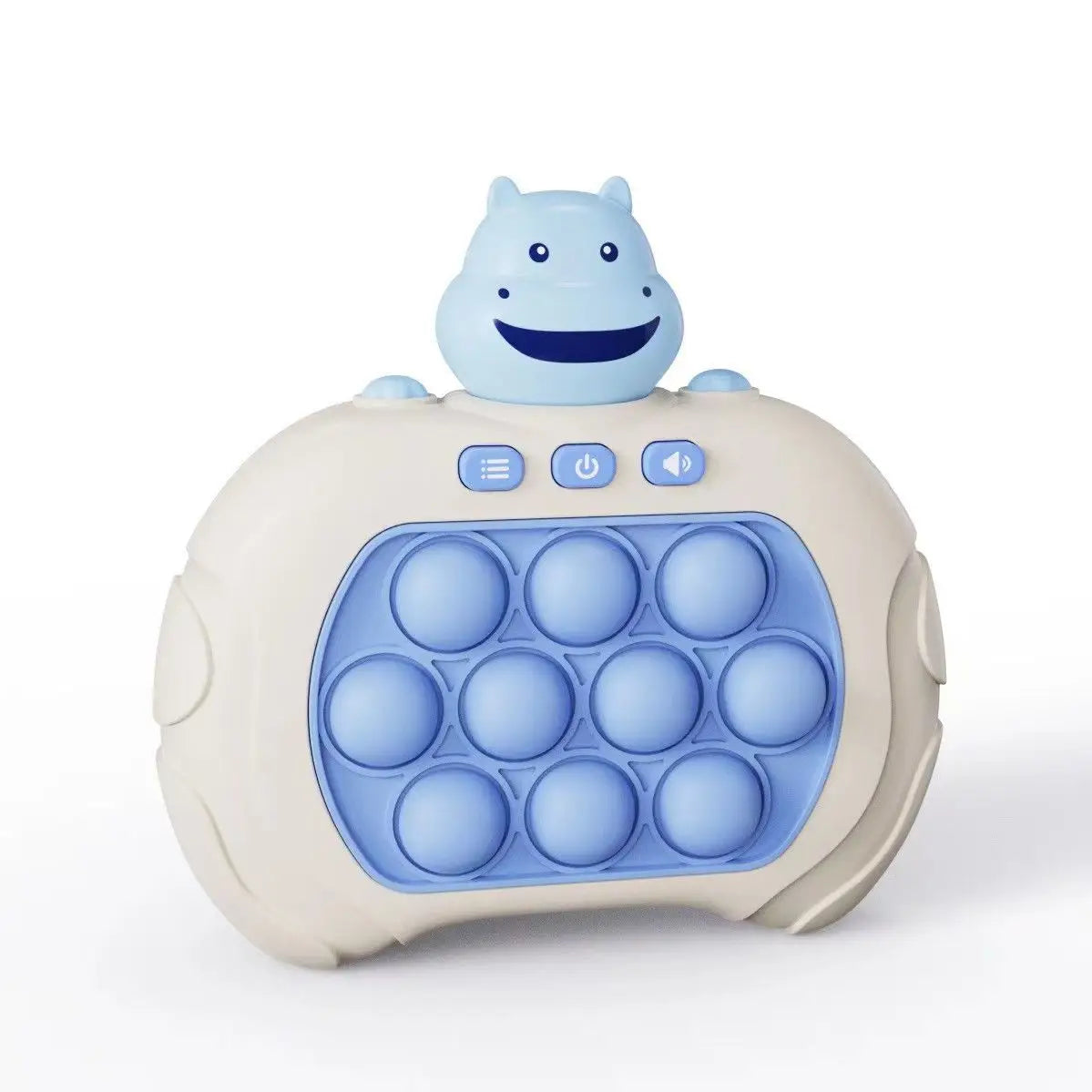 Jeu pop électronique licorne avec jouet fidget pop-it en silicone bleu et beige et tête dhippopotame souriant boîte cadeau