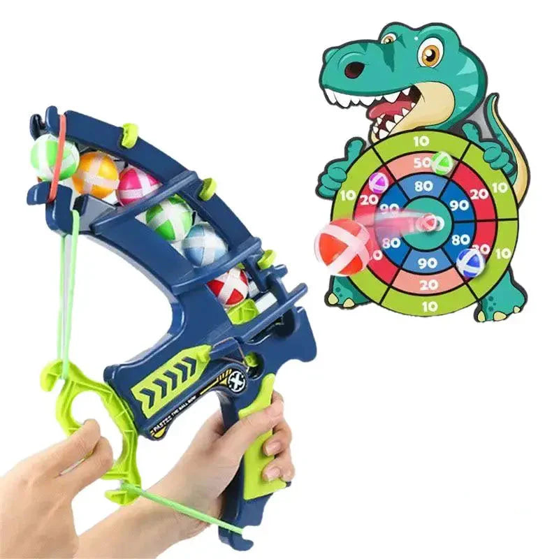 Jeu sport tir à l’arc avec arc en plastique bleu et vert et cible ballon adhésif thème dinosaure coloré