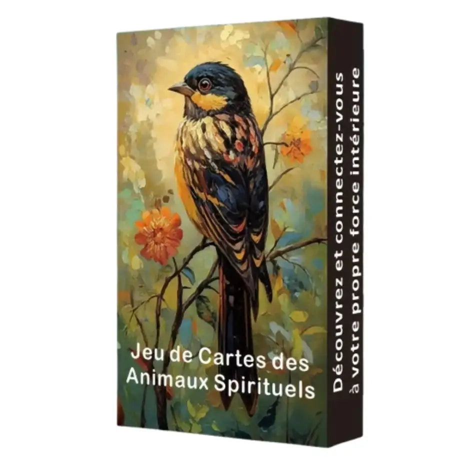 Boîte rectangulaire pour jeu de cartes divinatoires animaux spirituels illustrée d un oiseau bleu jaune noir sur branche