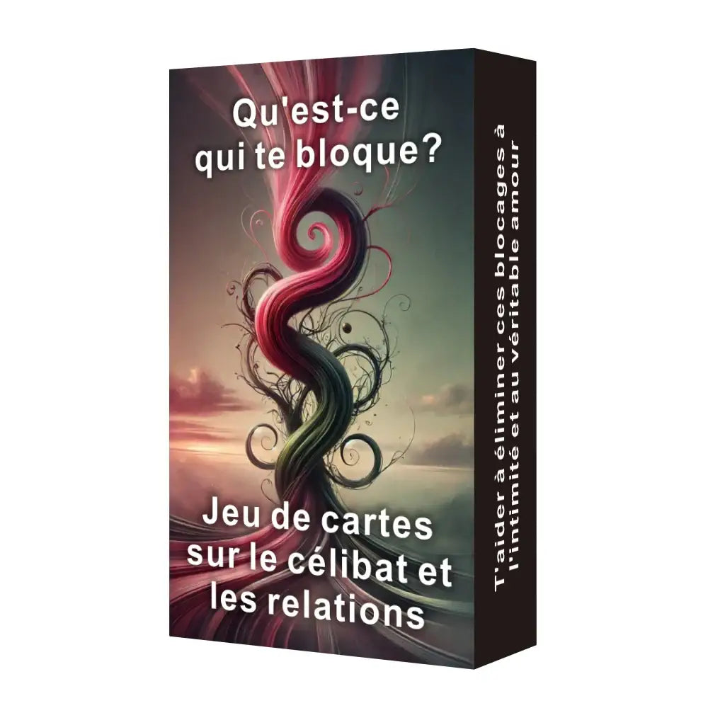 Boîte rectangulaire de cartes inspirantes qu’est-ce qui te bloque avec un design artistique de cheveux roses et verts pour le développement personnel et les relations passées