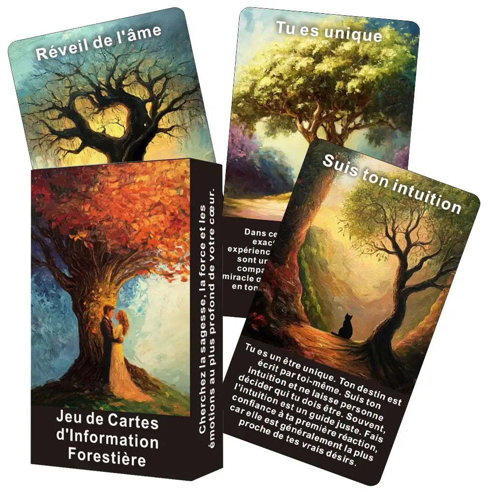 Jeu de cartes divinatoire forestier avec illustrations d arbres et texte en français sur des cartes divinatoires forestier
