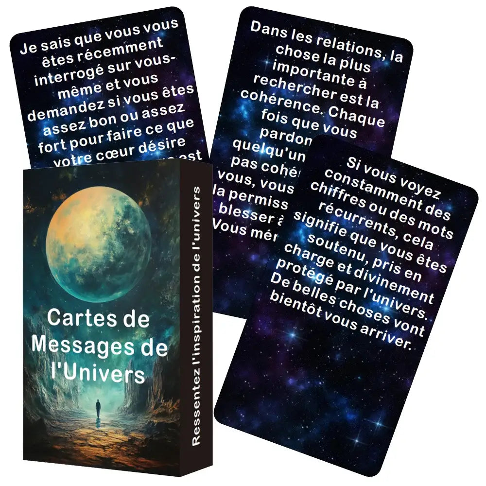 Boîte noire élégante de cartes divinatoires avec design cosmique orange et teal pour messages univers et développement personnel
