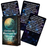 Boîte noire élégante de cartes divinatoires avec design cosmique orange et teal pour messages univers et développement personnel