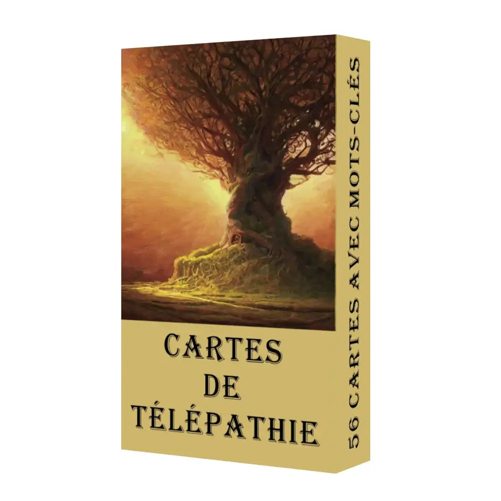 Une boîte beige de cartes divinatoire télépathie avec une illustration d’arbre ancien sous un ciel orange doré