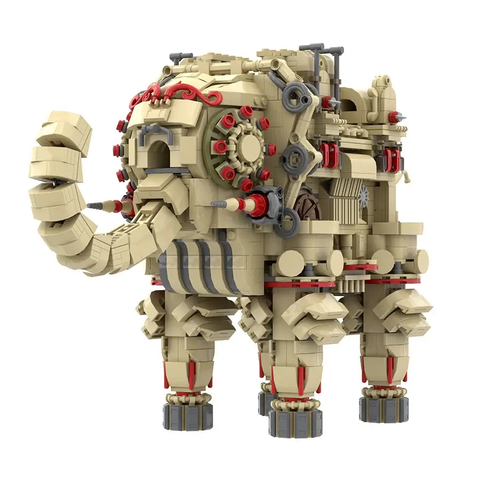 Éléphant mécanique beige et rouge en briques interlockables avec engrenages et membres articulés jeux de construction créatures divines zelda lego zelda tears of the kingdom