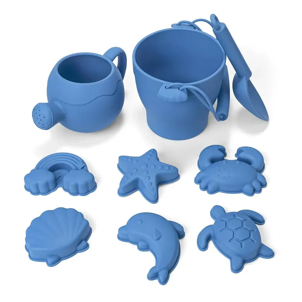 Jeux de plage enfants en silicone bleu spécialement conçu avec arrosoir seau pelle et moules animaux marins pour petits explorateurs aventures aquatiques garanties