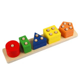 Jeu éducatif montessori forme géométrique bois coloré avec blocs géométriques en bois aux couleurs rouge vert bleu jaune orange