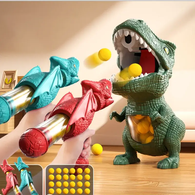 Vert dinosaure t-rex en plastique avec bouche ouverte et billes jaunes pour tir dino pistolet à air aventure préhistorique