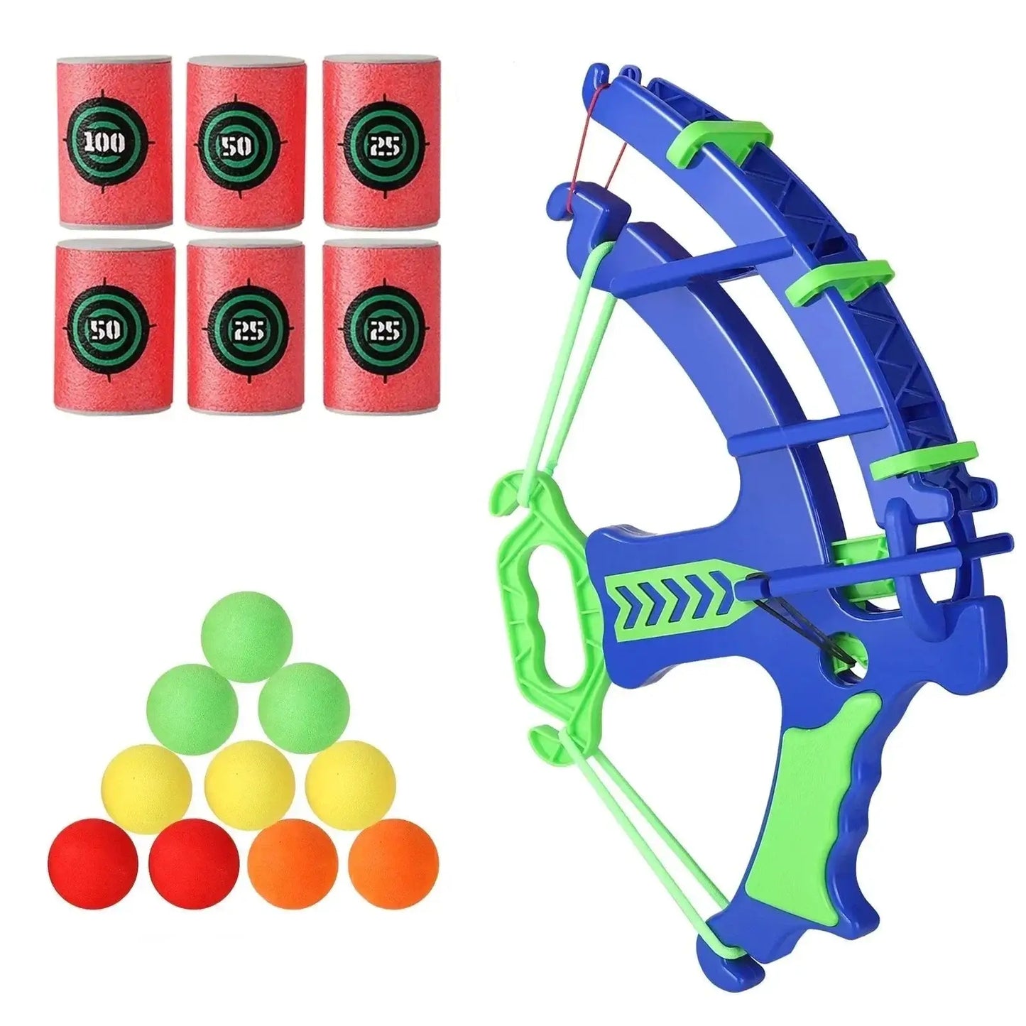 Jouet arc lance en plastique bleu et vert avec mécanisme à ressort pour tirer balles ensemble arc lance balles
