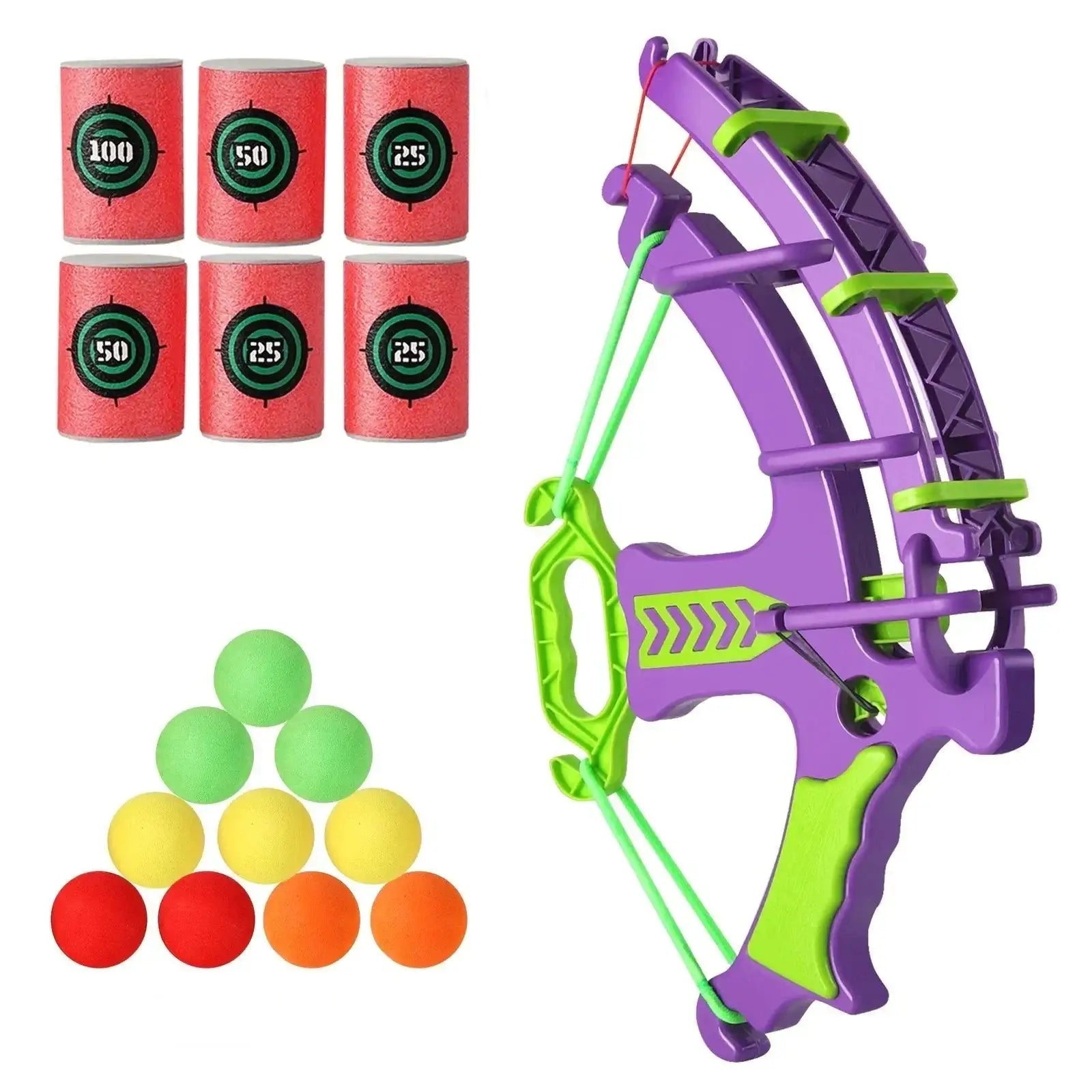 Jouet arc lance balles en plastique violet et vert anis avec prise texturée pour jeu densemble arc lance