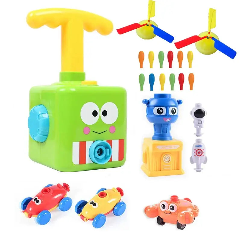 Jouet avec ballons de baudruche forme cube vert avec poignée jaune et accents bleus voiture ballon gonflable ludique