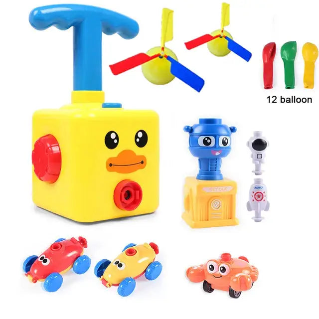 Jouet avec ballons de baudruche jaune en forme de canard avec poignée bleue et accents rouges pour enfant