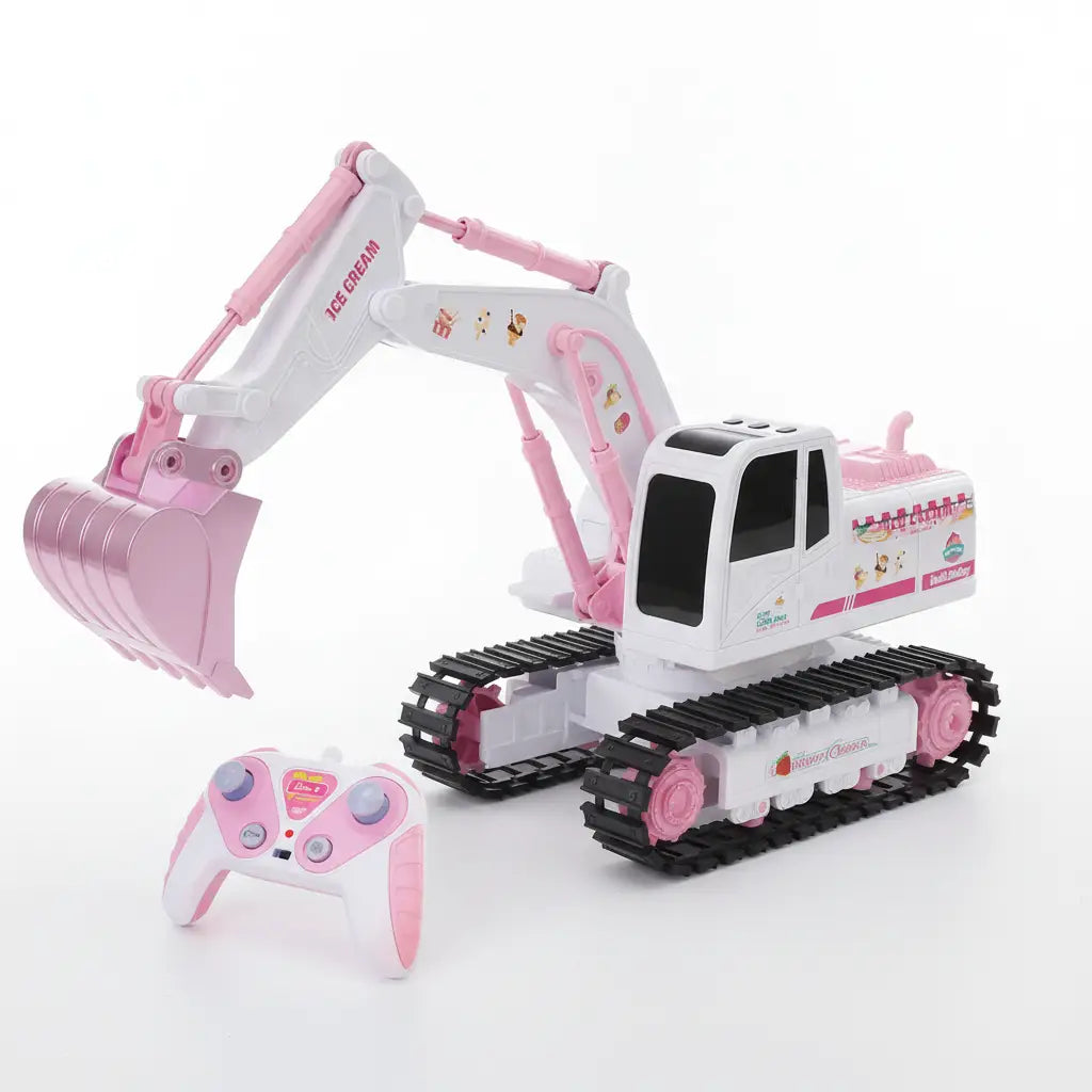 Jouet camion de construction télécommandé excavatrice glacée rose et blanche avec chenilles réalistes noires