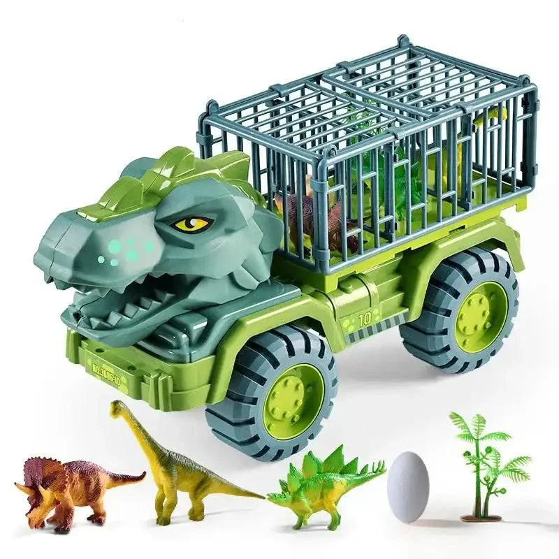 Jouet camion dinosaures garçon vert en plastique avec transporteur unique à tête de t-rex et remorque cage