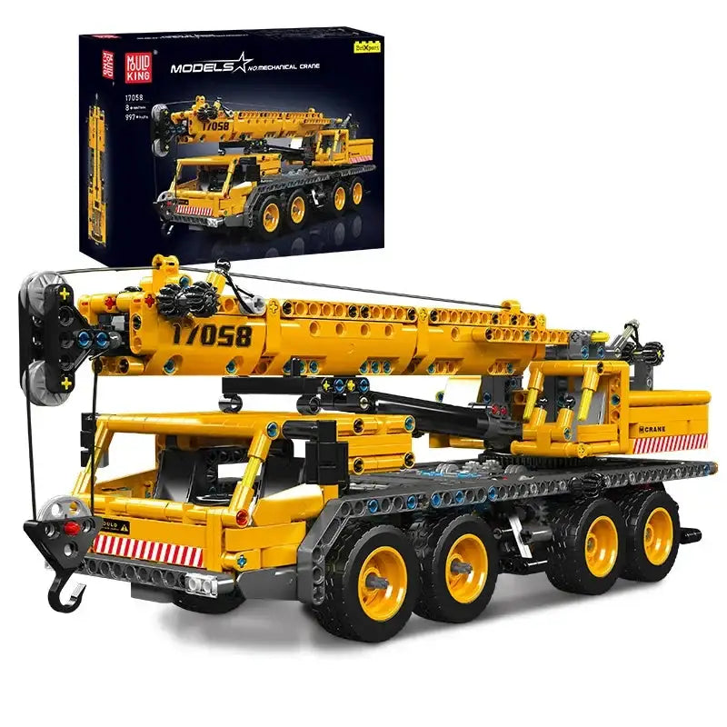 Modèle jaune et noir de camion grue mécanique lego technic 17058 avec flèche articulée et suspension réaliste