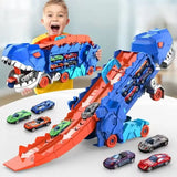 Jouet camion transport dinosaure avec rampe bleue et rouge en matériaux durables et voitures miniatures sur pistes
