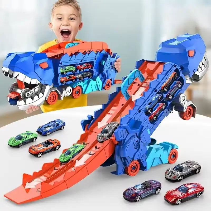 Jouet camion transport dinosaure avec rampe bleue et rouge en matériaux durables et voitures miniatures sur pistes