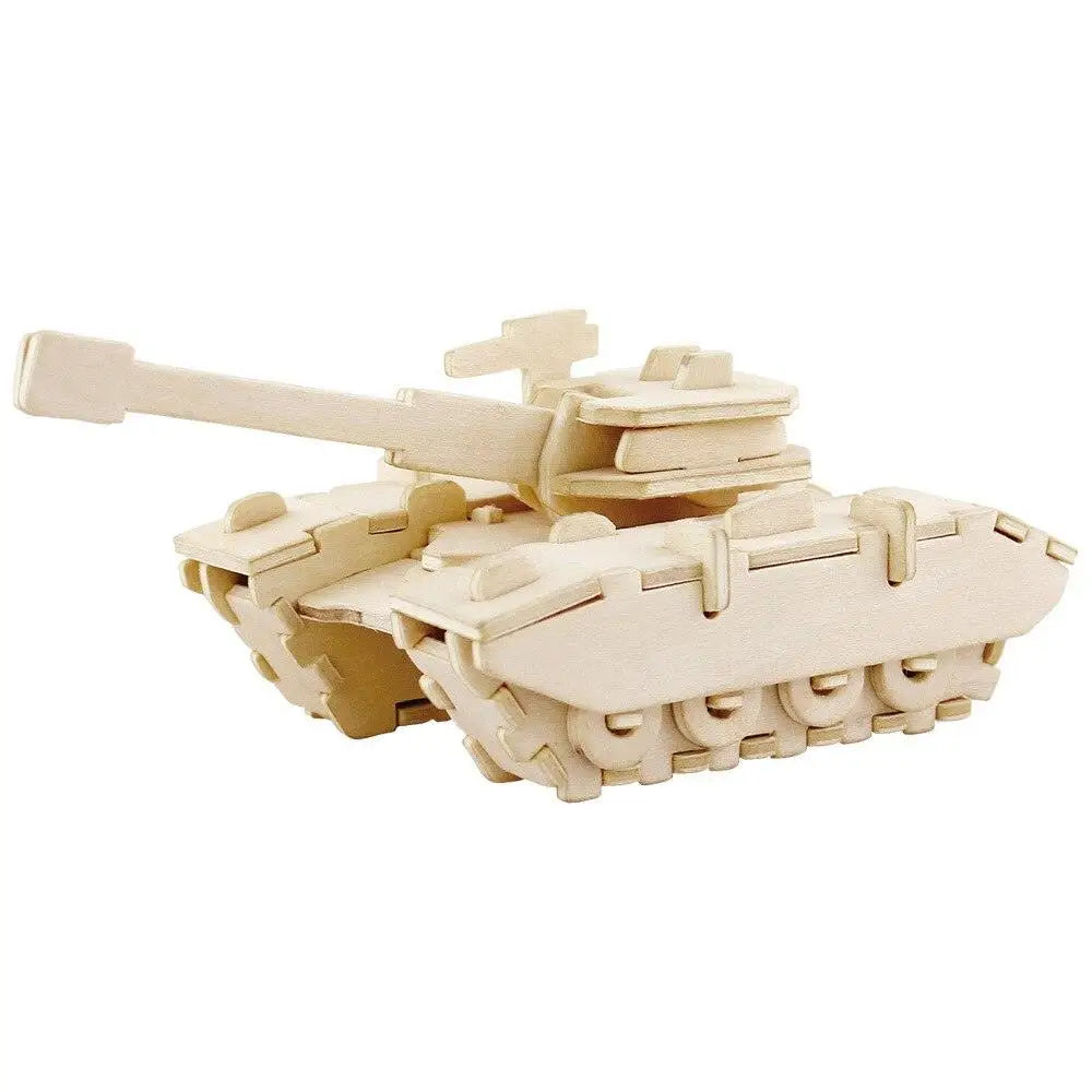 Jouet casse-tête puzzle en bois beige modèle série militaire avec pièces emboîtables et tourelle détaillée véhicule tank assemblage
