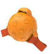 Jouet chien boules à mâcher en caoutchouc naturel durable orange avec motifs pattes et poignée pour jeu interactif