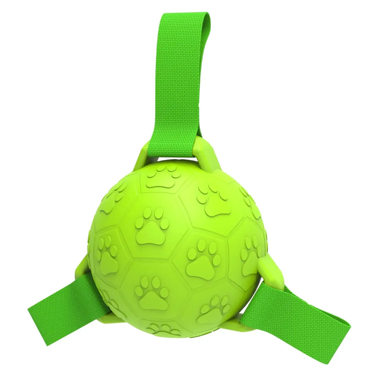 Jouet chien boules vert en caoutchouc naturel durable avec motifs pattes et trois sangles pour jeu interactif football