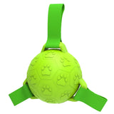 Jouet chien boules vert en caoutchouc naturel durable avec motifs pattes et trois sangles pour jeu interactif football