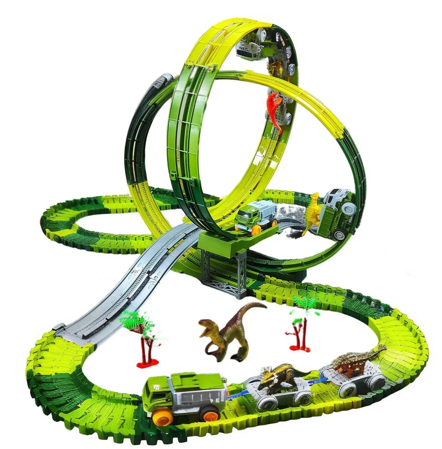 Jouet circuit voiture électrique en plastique vert et noir thème dinosaure avec boucles et rampes multiples