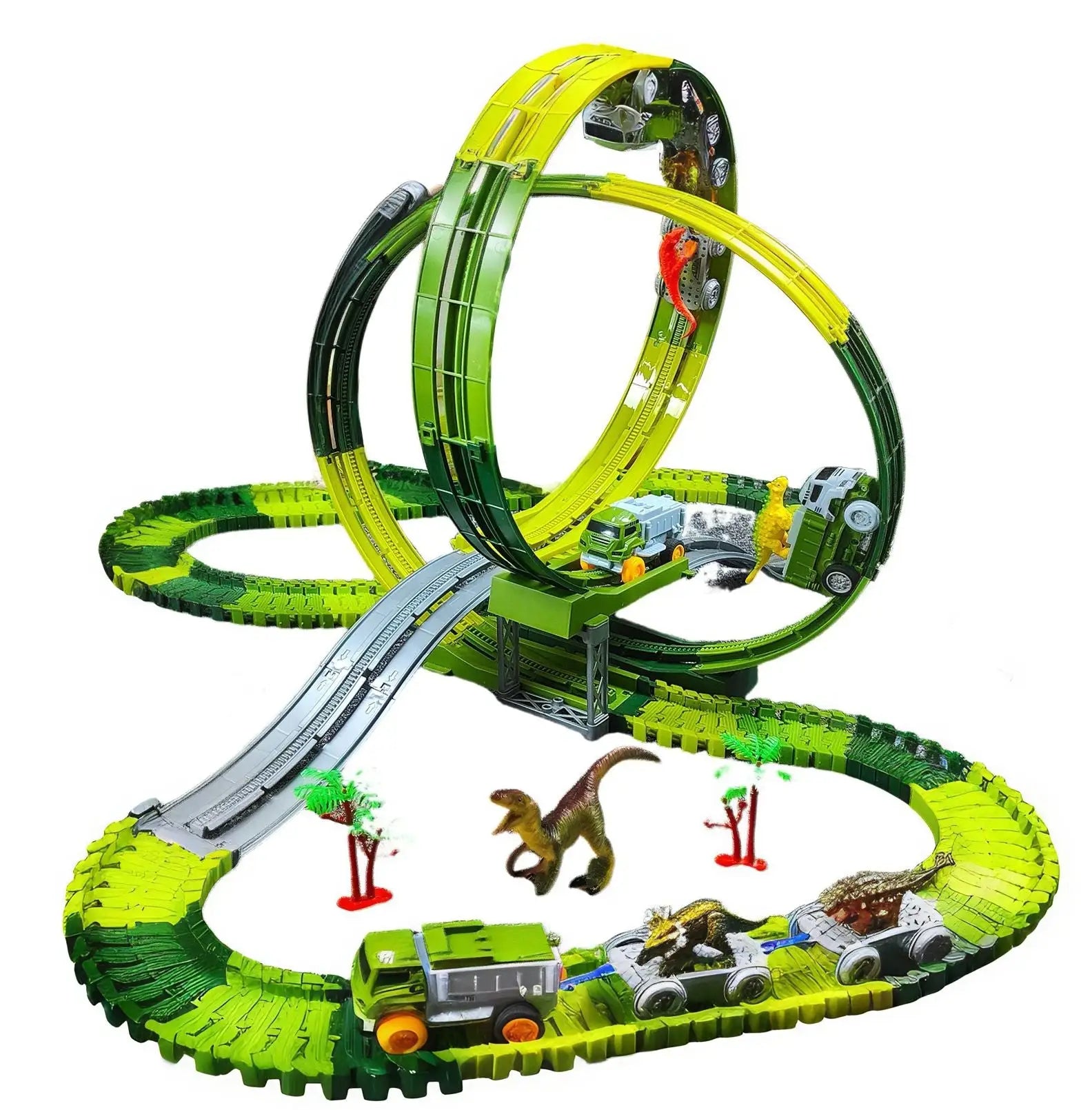 Jouet circuit voiture électrique en plastique vert et noir thème dinosaure avec boucles et rampes multiples