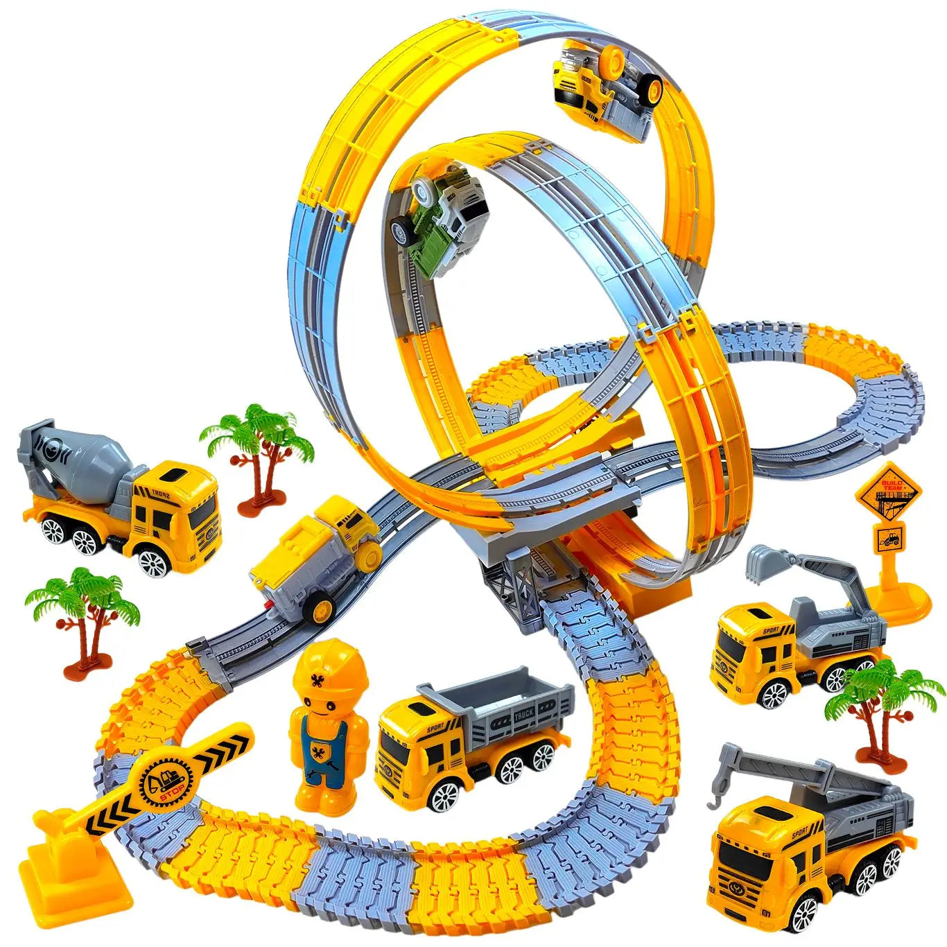Jouet circuit piste spatiale electrique avec circuit voiture électrique jaune et gris en plastique et mini camions