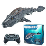 Jouet crocodile dinosaure télécommandé mosasaurus gris en plastique avec design réaliste et oeil jaune texturé
