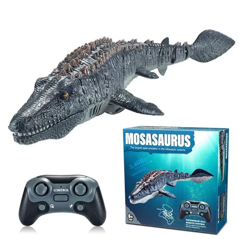 Jouet crocodile dinosaure télécommandé mosasaurus gris en plastique avec design réaliste et oeil jaune texturé