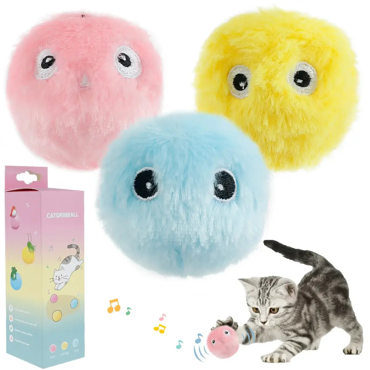 Jouet interactif chat boule peluche musical en balle jouet chat douce et colorée rose jaune et bleu avec yeux brodés