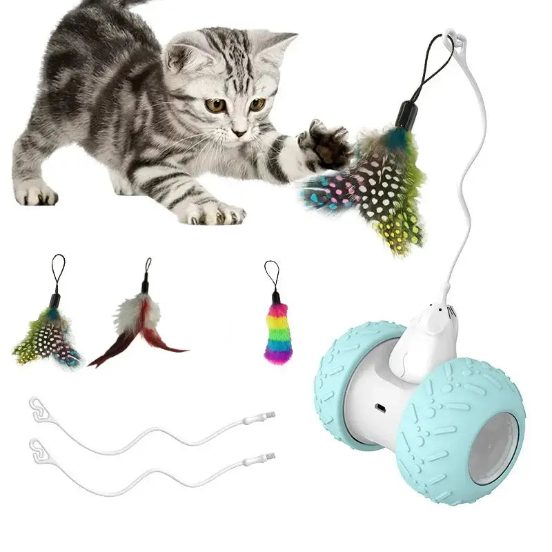 Jouet interactif electronique pour chat atuban bleu clair et blanc avec roues texturées et plumes interchangeables