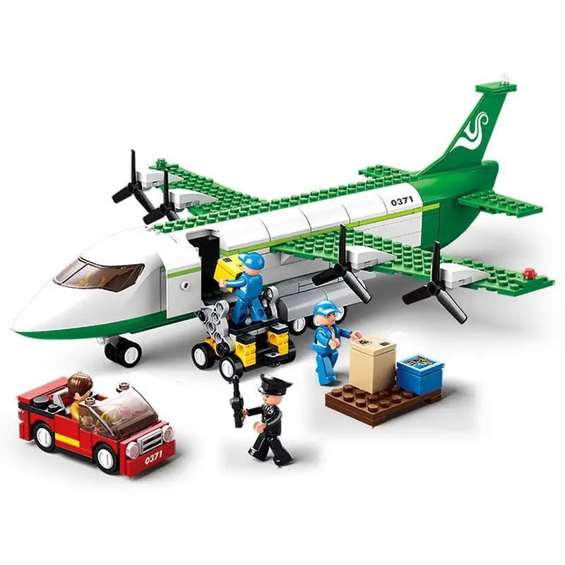 Jouet lego ambulance aérienne médicale vert et blanc avec hélices scène de chargement de fret