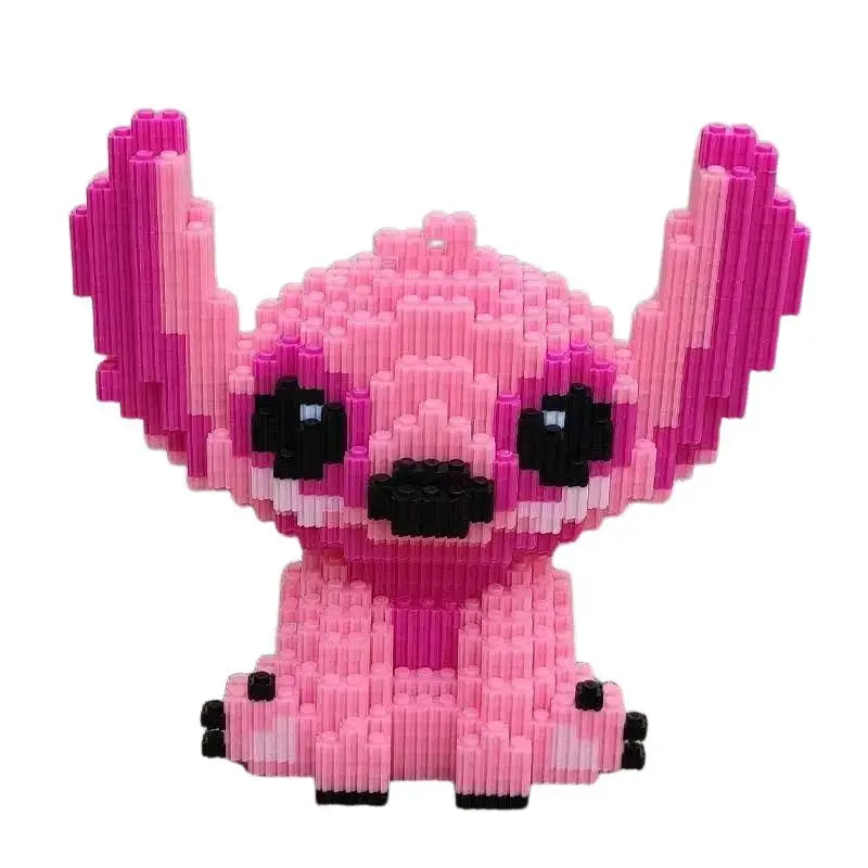 Figurine nano block stitch bleu rose en perles plastique interconnectées avec yeux et nez noirs pixelisés