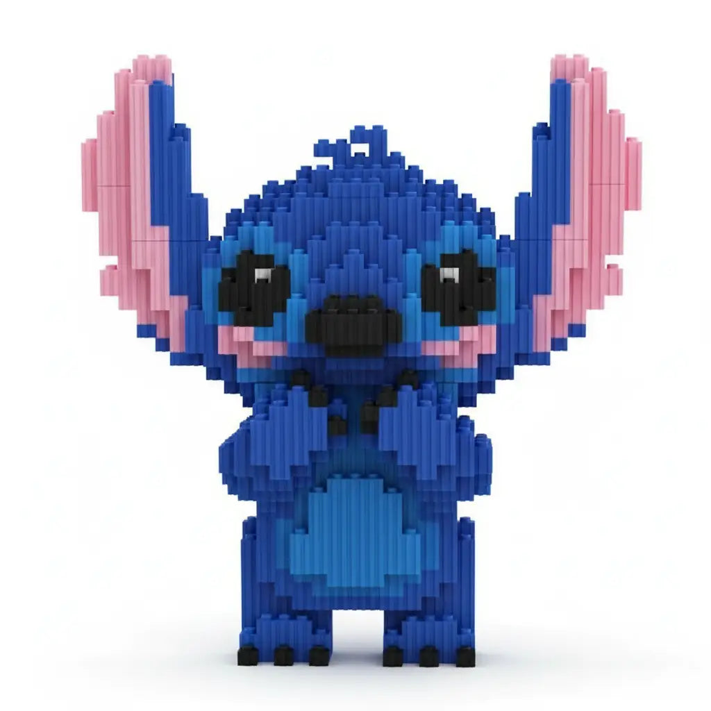Jouet nano block stitch bleu rose en briques plastiques emboîtables pixelisées bleu et rose