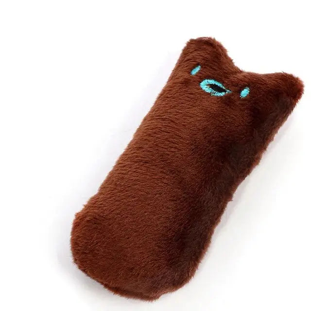 Peluche à mordre pour chat en forme de chat brun avec yeux brodés bleu sarcelle, jouet à mâcher en matériau doux pour chats