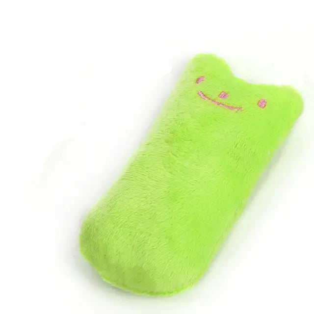 Peluche à mordre pour chat en forme de chat vert vif avec traits brodés roses en matériau doux jouets à mâcher
