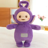 Peluche doudou teletubbies tinky winky violet avec texture douce et patch argenté rectangulaire brillant sur le ventre