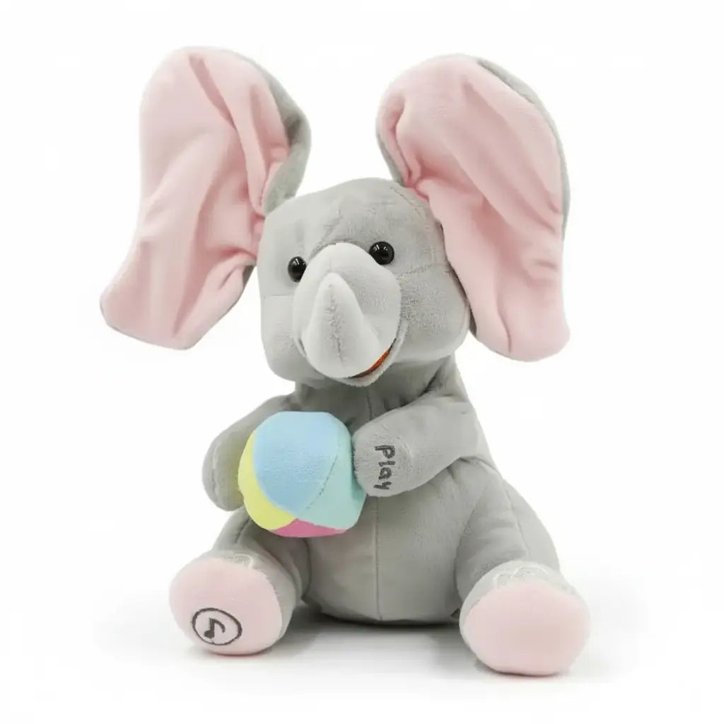 Peluche éléphant interactive gris avec oreilles roses tenant une balle colorée mélodies douces jouet éléphant interactive cache-cache