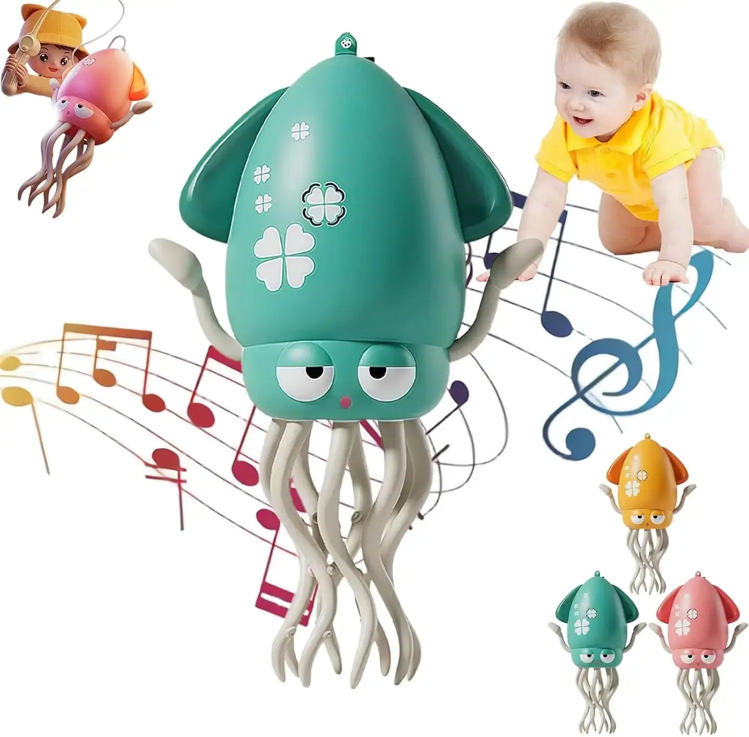 Jouet pieuvre dansante électrique en plastique teal avec tentacules grises et lumières led décoré de trèfles blancs