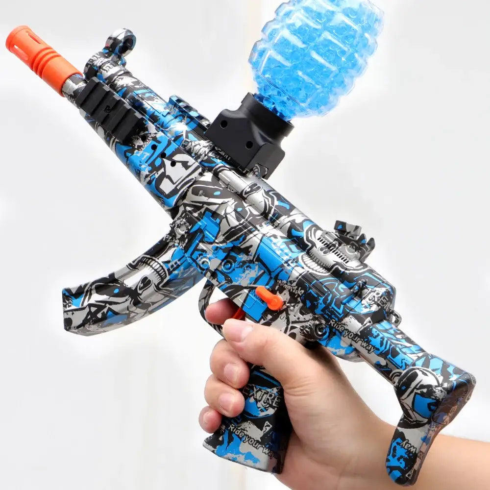 Pistolet à bille gel rechargeable bleu et noir motif graffiti avec billes d’eau orange pour jeu extérieur