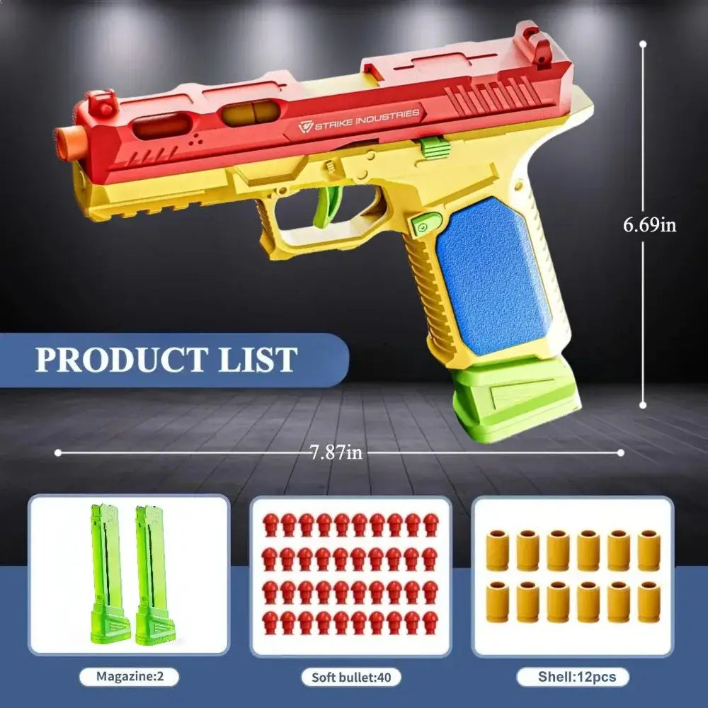 Pistolet à billes design coloré rouge et jaune avec poignée bleue en mousse et garde-trigger verte marque strike industries pour jeu actif billes souples lego