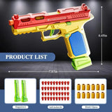 Pistolet à billes design coloré rouge et jaune avec poignée bleue en mousse et garde-trigger verte marque strike industries pour jeu actif billes souples lego